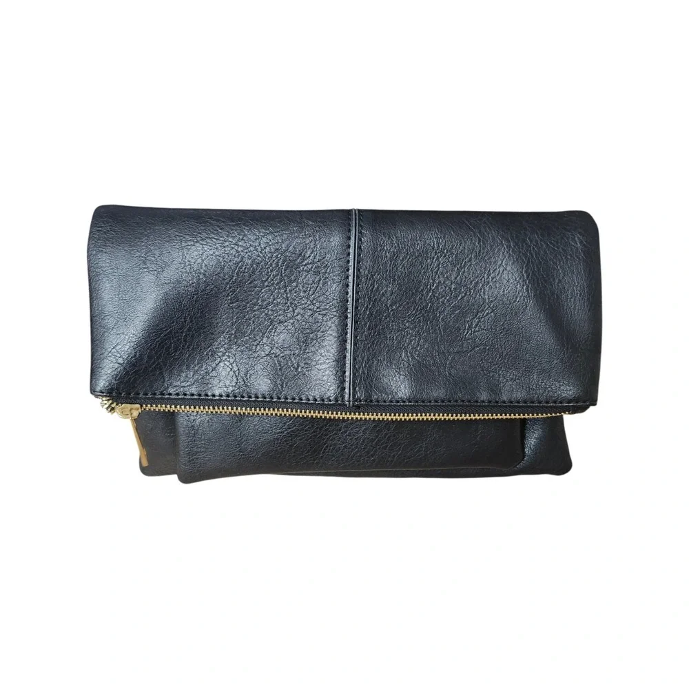 Sole Society Lalet Fold Over Vegan Leather Clutch Zip Top Closure Black‎